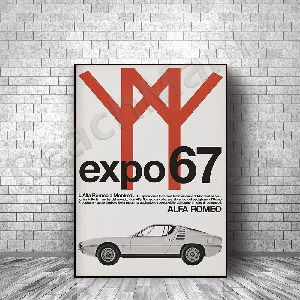 1967 World Expo Alfa Romeo Poster Montreal Alpha Medieval Denmark Modern Swiss Typesetting Canada Helvetica Porche Mustang