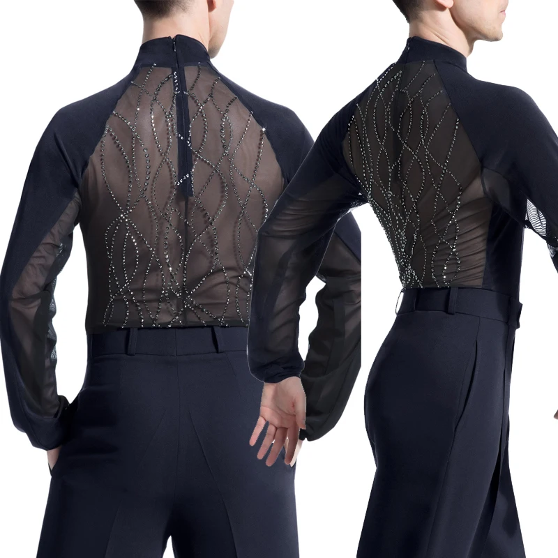 Latin Dance Top Male Perspective Mesh Shiny Rhinestones Competition Wear Tango Salsa Cha Cha Men Performance Clothes DNV13578