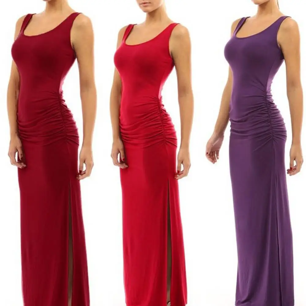 Hot Sales Solid Color Women Scoop Neck Sleeveless Summer Maxi Side Split Ruched Long Dress