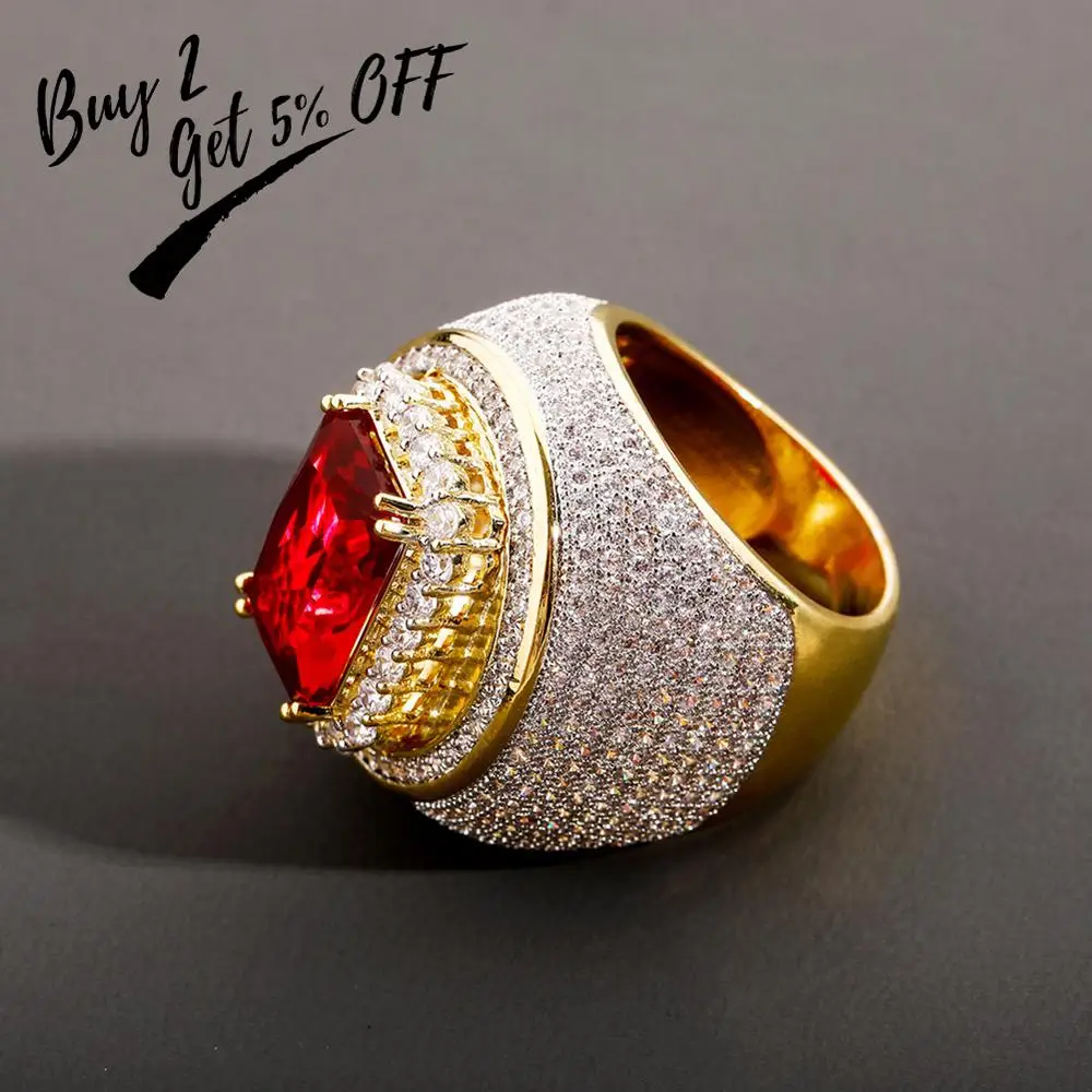 TOPGRILLZ Hip-Hop Classic Gold Color Plated Cubic Zircon Big Red Stone Ring Personality Fashion Men Women Jewelry Lover Gift
