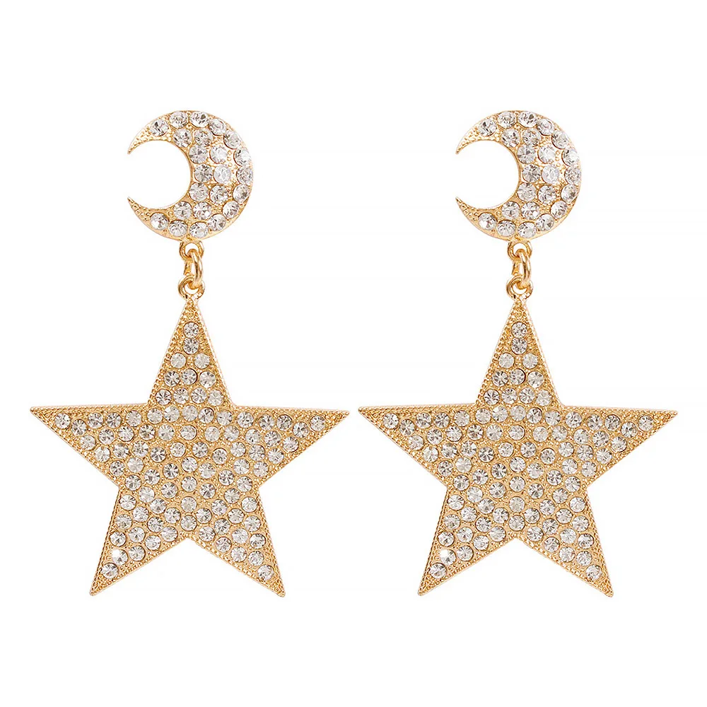 Banny-pendientes con diamantes de imitación para mujer, aretes brillantes, color rosa, con forma de luna y estrella