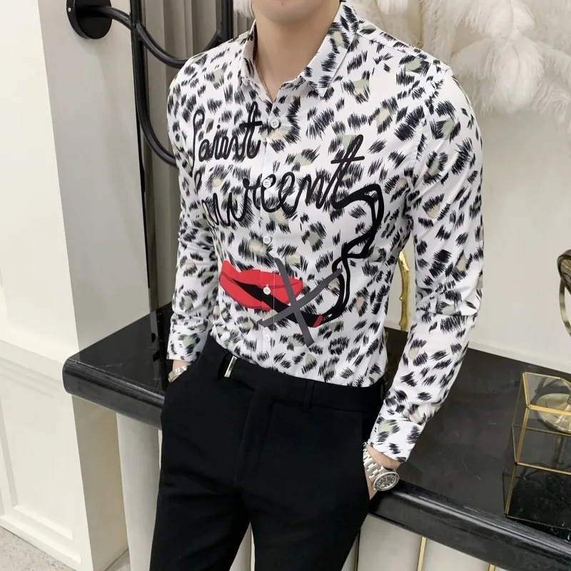 

Pattern Fashion Fun Print Flower Shirt Man Camisa Masculina Spring Summer Long Sleeve Slim Fit Shirts Night Club Chemise Homme