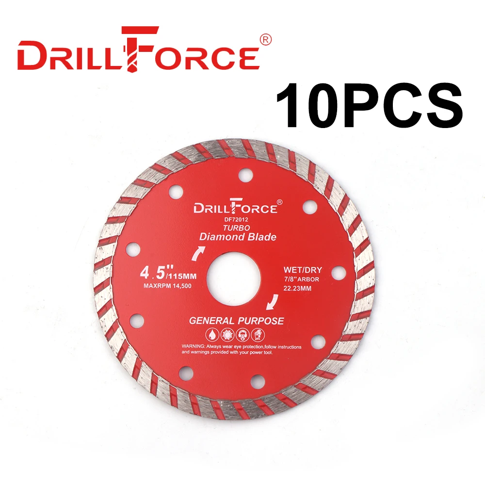 

Drillforce Tools 10PCS Dia 115mm Diamond Saw Blades Turbo Rim Wet/Dry Porcelain Tile Cutting Disc Marble Circular Saw Blade