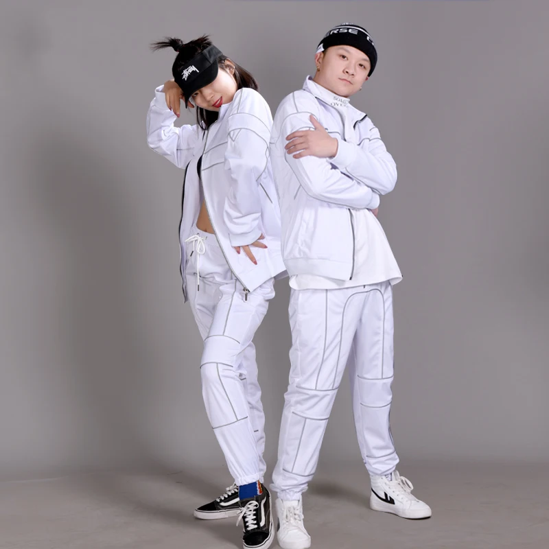 Novos adultos trajes de dança hip hop reflexivo branco roupas de dança de rua dos homens das mulheres roupa de palco jazz desempenho wear dn5373