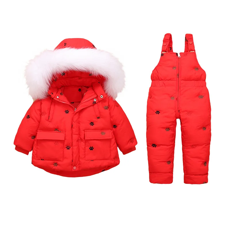 Winter Russia Children Snowsuit Clothing Set 80% Duck Down Jacket And Pants For Baby Girls Boys Coat Fur Collar Kids Clothes Set