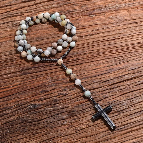 8mm Amazonite 비즈 카톨릭 그리스도 묵주 목걸이 적철광 크로스 펜던트 남자 목걸이 명상 말라 쥬얼리 Best5