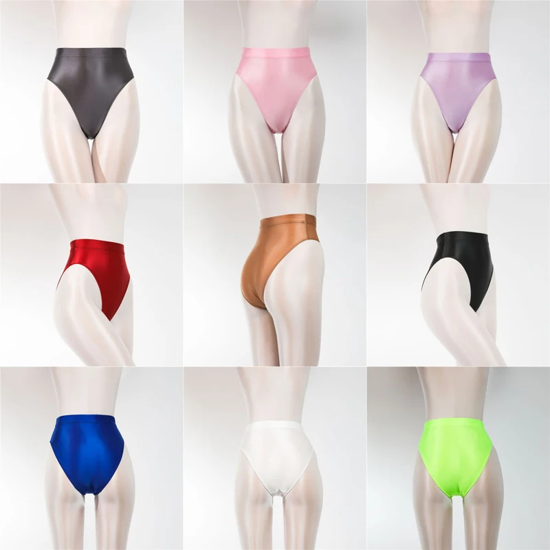 New Sexy women Shiny Bikini Bottoms with Buttocks Silky Bikini High Waist Tights Underpants Oily Briefs Large Size men underwear