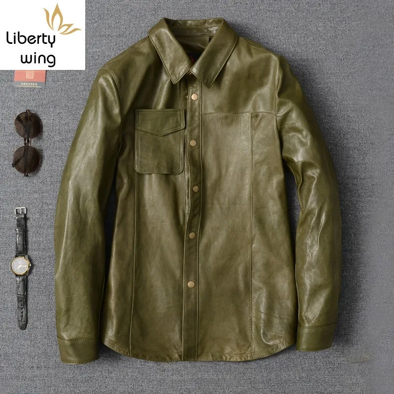 Luxury Army Green Sheepskin Men New Lapel Long Sleeve Slim Office Formal Shirt Oversize High Quality Casual Blouse