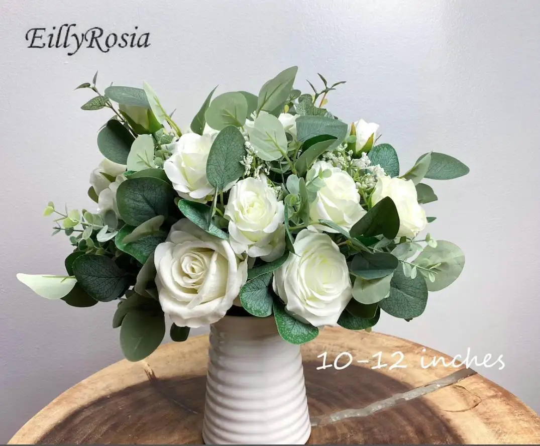 EillyRosia-ramo de boda verde y blanco para novia, rosa de eucalipto, flores artificiales salvajes, ramo de novia