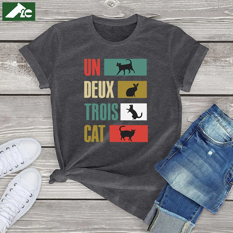 

Graphic Cat T Shirt Women Clothing Un Deux Trois Cat Gifts for Cat Lovers Cotton Womens T Shirt Vintage Oversized Unisex Tops