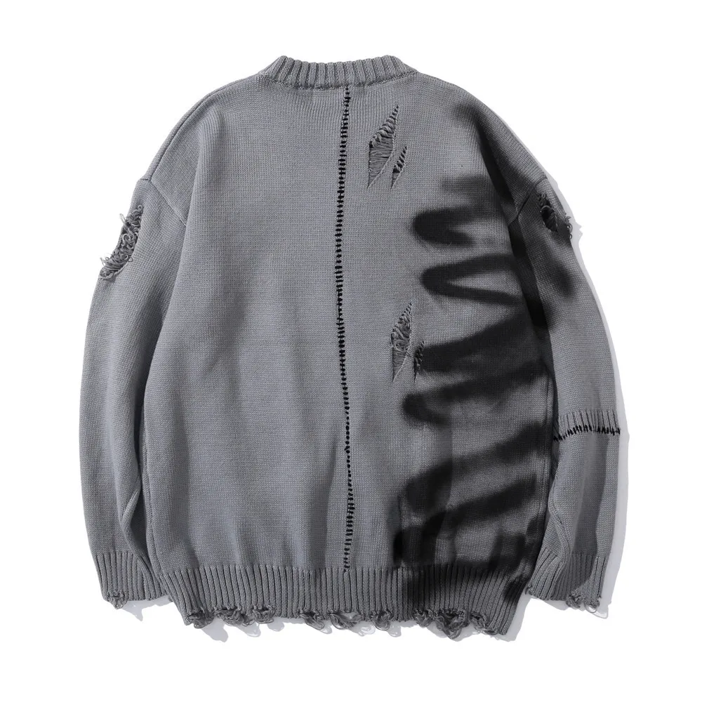 2021 New Arrival Graffiti Print Hole Ripped Gray Punk Men Knitted Sweater Hip Hop Knitwear Cotton Loose Retro Pullovers Sueter