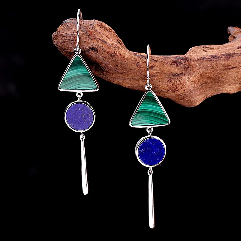 MIQIAO 2020 New On The Ears Silver Earrings 925 Hanging Natural Stone Mmalachite Lapis Lazuli Geometric Ttriangle Circle Women