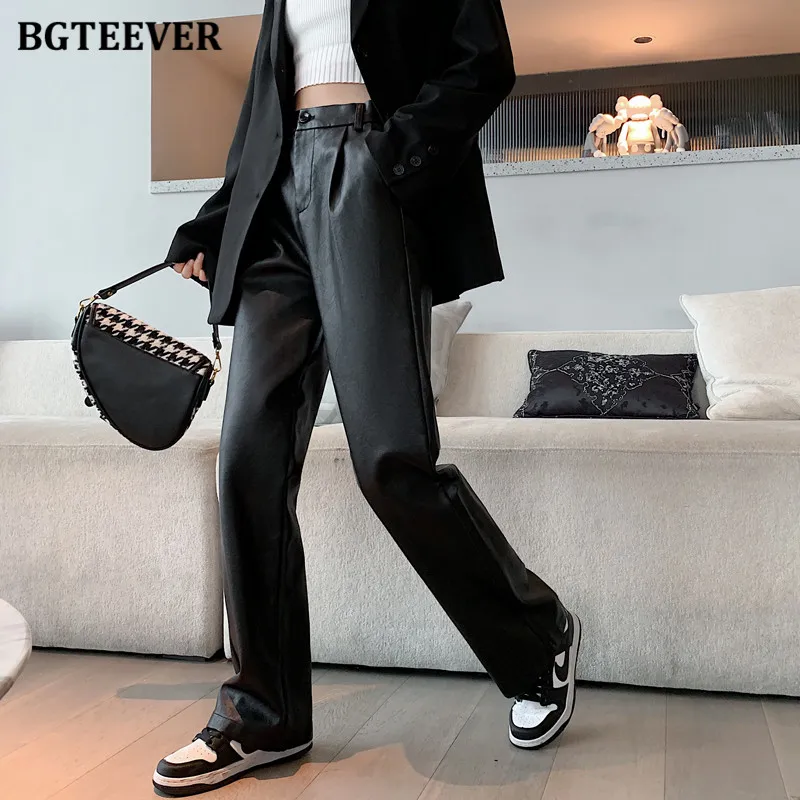 BGTEEVER Stylish Chic Loose Women PU Leather Pants Autumn Winter New Fashion Ladies High Waist Straight Faux Leather Trousers