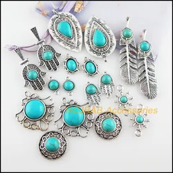 New Turquoise Stone Charms Flower Feather Round Rudder Tibetan Silver Plated Pendants Retro