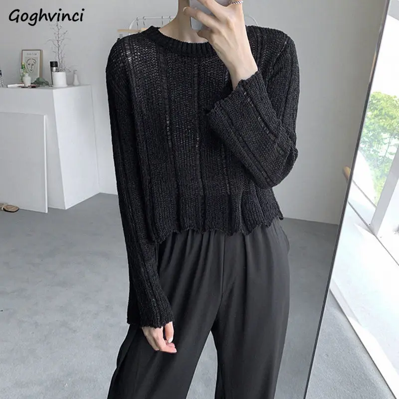 

Cropped Pullovers Women O-neck Fashion Hollow Out Streetwear Loose Long Sleeve Sweaters Vintage Solid Ulzzang Female Knitwear