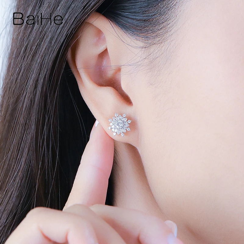 BAIHE Solid 14K White Gold H/SI Natural Diamond Flower Stud Earrings Women Wedding Fine Jewelry Kukkakorvakorut Aretes Flores