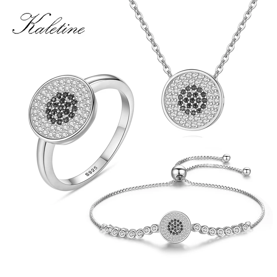 

KALETINE Lucky Turkey Evil Eye Black Beaded Jewelry Sets for Women Best Gifts 925 Sterling Silver Bracelet/Necklace/Ring 2018