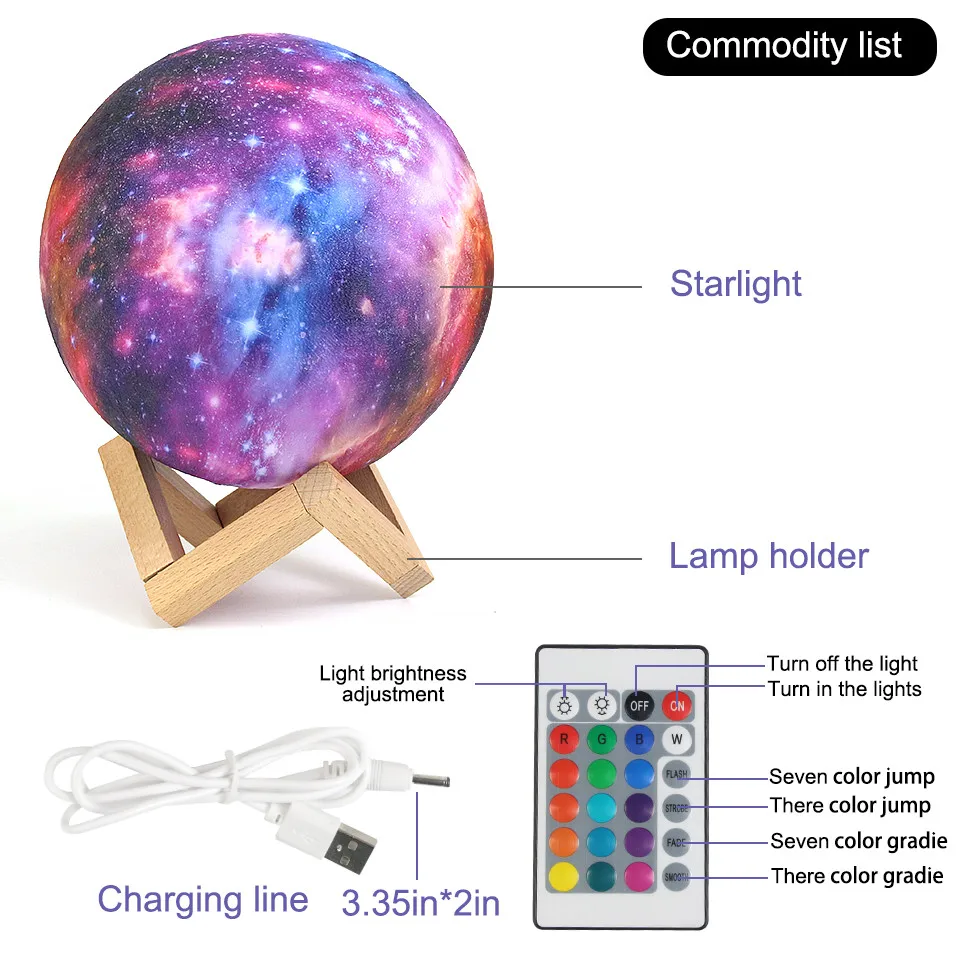 3D Printed Star Moon Lights 16 Colors Change Touch And Remote Control Galaxy Light For Gifts Built-in battery and USB Charger