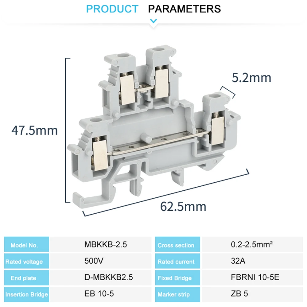 MBKKB2.5 MBKKB-2.5 Double Layer Screw Clamp DIN Rail Terminal Blocks Kit Set 500V 24A