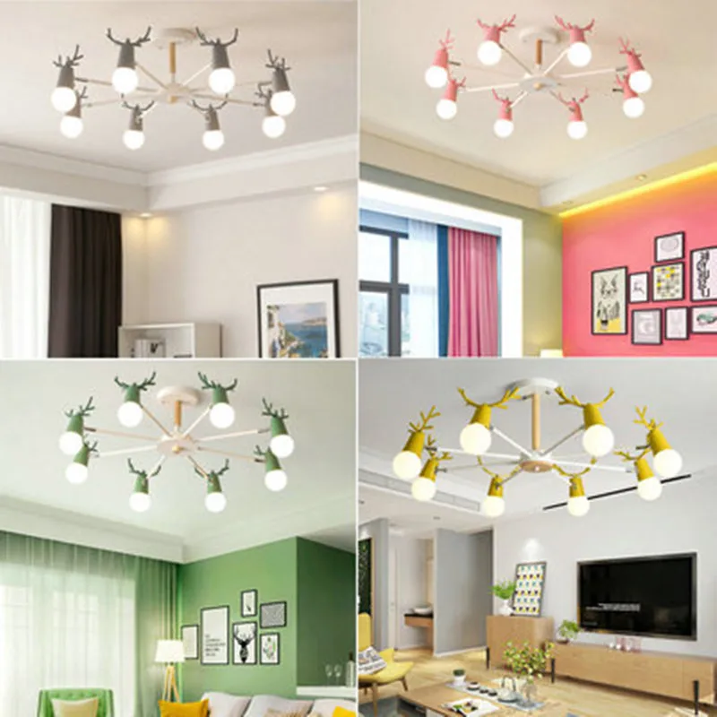 

Modern wood chandelier horn deer Lampshade Kids room Girl room Chandelier Black White Pink Chandelier led salon lighting