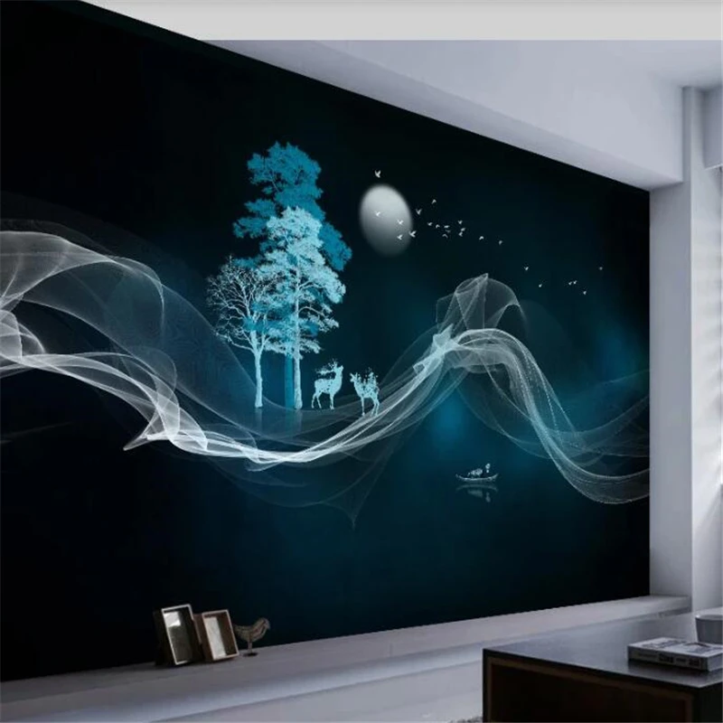 

wellyu Customized large wall painter with modern fashion light luxury hand-painted lines landscape forest elk background wall