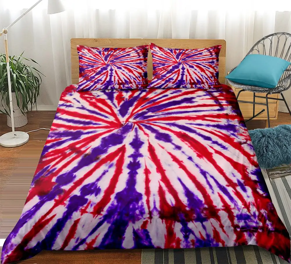 Red Blue Tie-dyed Bedding Set Splashing Watercolor Dreamy 3-piece Duvet Cover Set Kids Gift  Art Home Textiles