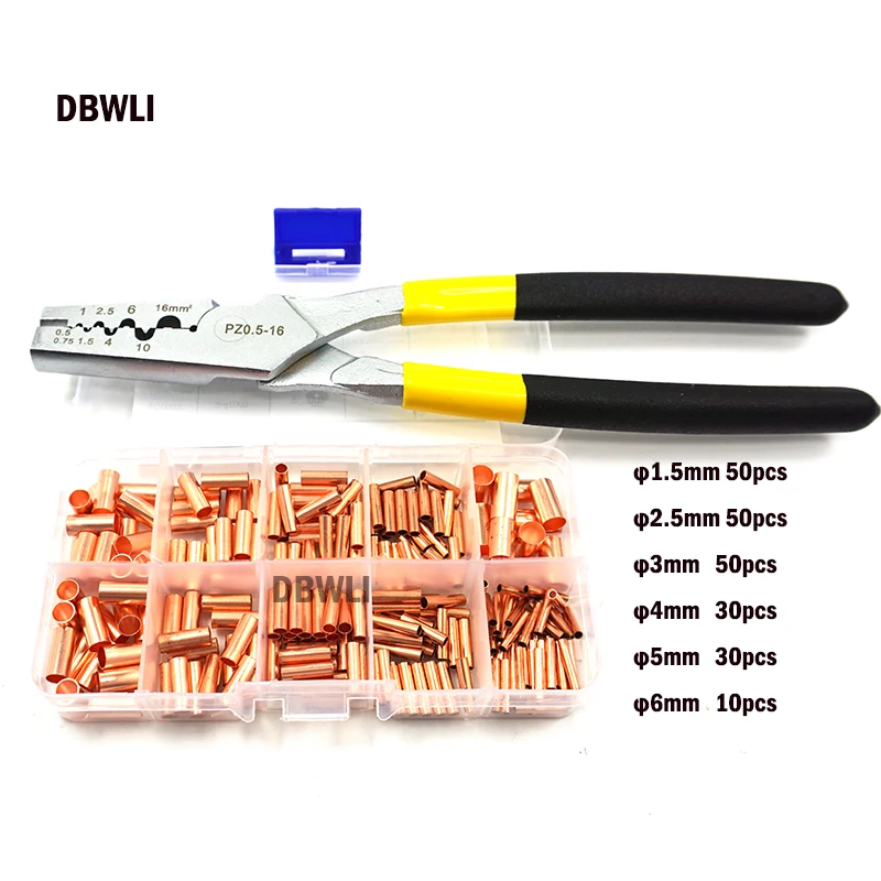 GT Copper connecting pipe wire joint small copper tube Terminal Cable Lug Bootlace Ferrule Kit with heat shrink tube plier