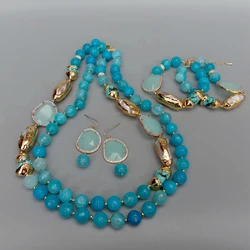 2 Rows Blue Faceted Agate Turquoise Cultured White Biwa Pearl Crystal Necklace Bracelet Earrings Set