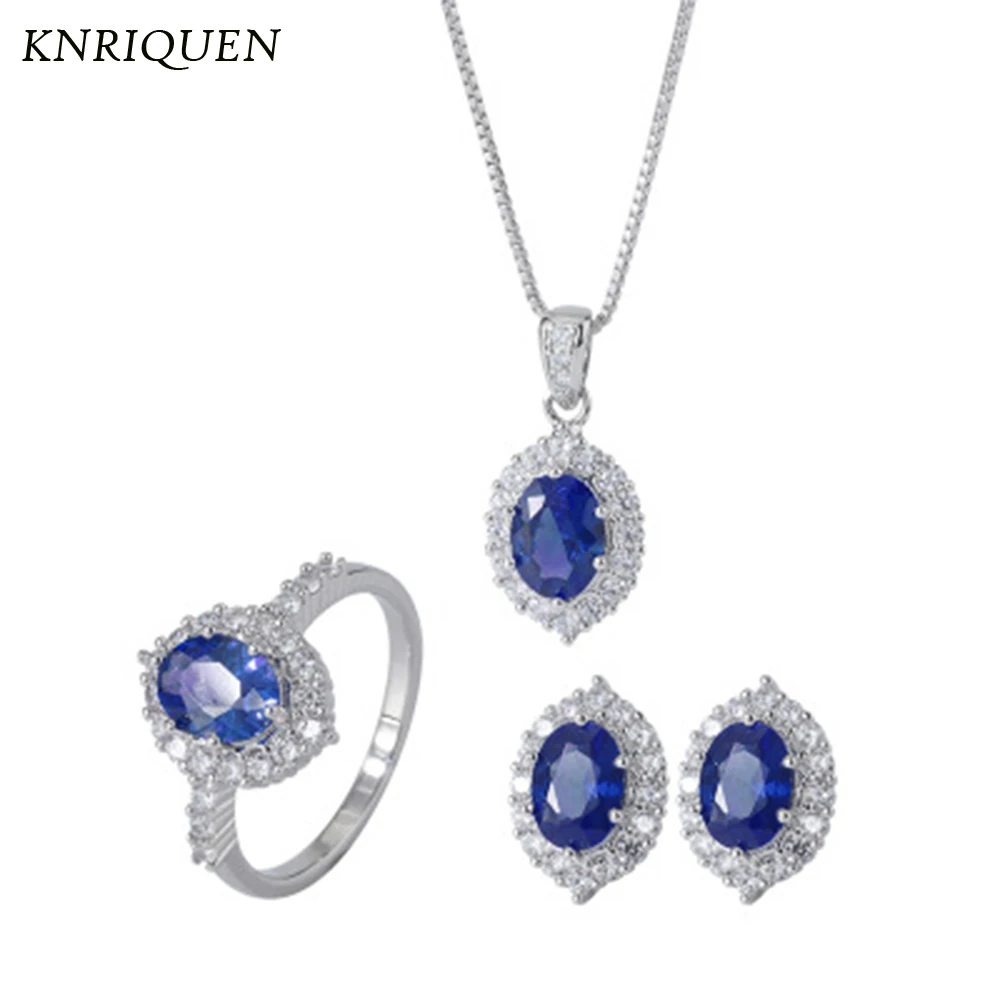 Retro Sapphire Tanzanite Pendant Necklace Stud Earrings Ring Wedding Gemstone Fine Jewelry Sets Charms Birthday Gift for Women