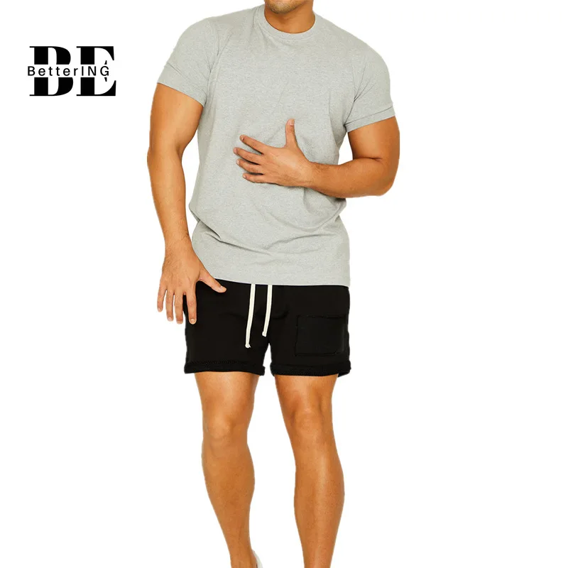 2021 Men's Summer Round Collar Fitness Leisure Sports Suit Slim Running Suit Men's Solid Color Cotton T-shirt Burr Edge Shorts