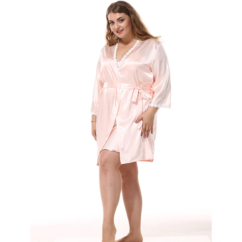 Plus Size Women Imitation Silk Robe Sets Sexy Lace Satin Silk Nightdress + Bathrobes Two-Piece Sets Female 9001