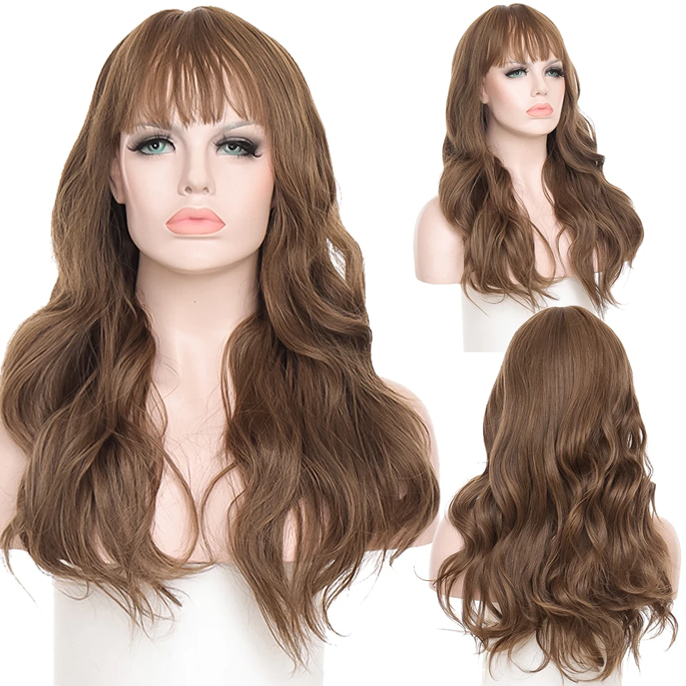 DIANQI Women's Long Wavy Wigs with Bangs For White/Black Women Heat Resistant Synthetic Wigs Pink Brown Golden Natural Hair