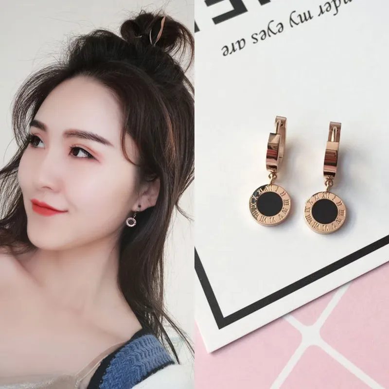 Twelve Constellations Design Women Earrings Rose Gold-color White Black Shell Circular Surface Roman Letter Dance Earring KE06-1