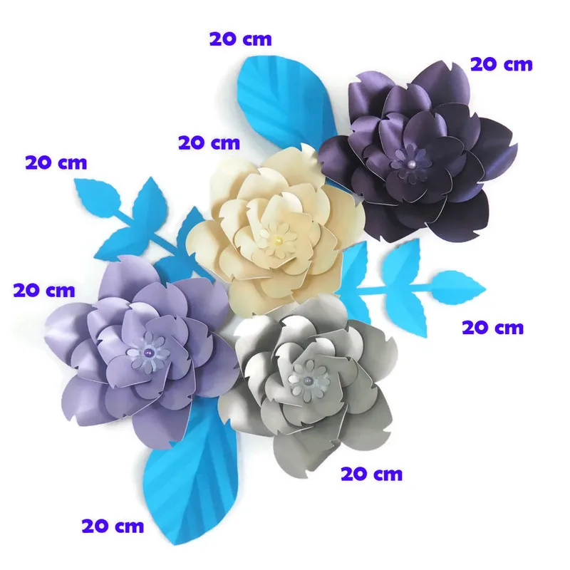 DIY Artificial Flowers Fleurs Artificielles Backdrop Giant Paper Rose 4PCS + 4 Leaves For  Wedding Party Decoration Baby Shower