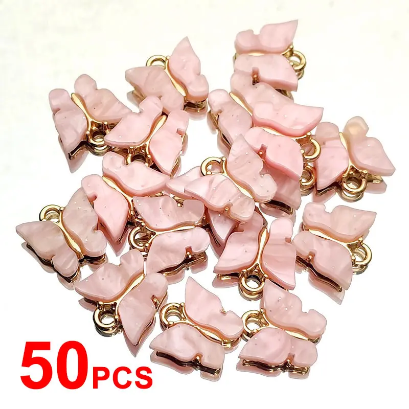 50Pcs Wholesale Acrylic Alloy Butterfly Charms 13*13mm Multicolor Golden Metal Insect Charm Fit Earring Jewelry DIY Accessories