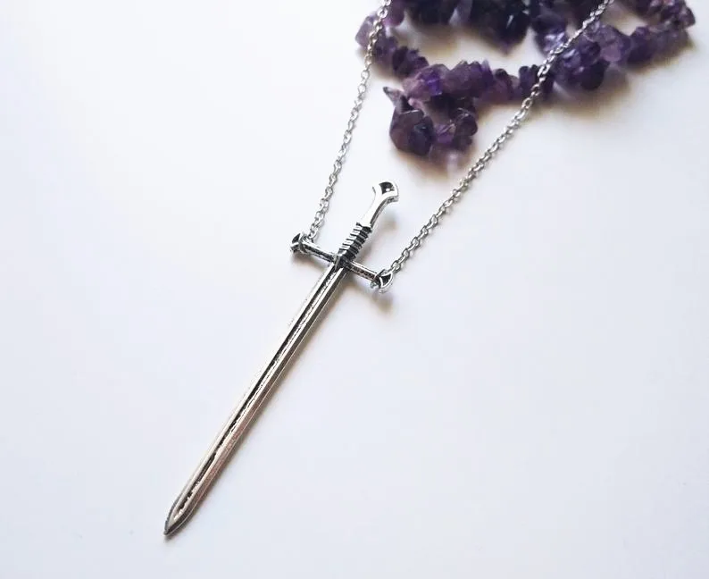 silver plated Sword Necklace large Sword sword Pendant warrior long Necklace Dagger Tarot Occult Dark Classical gift men new