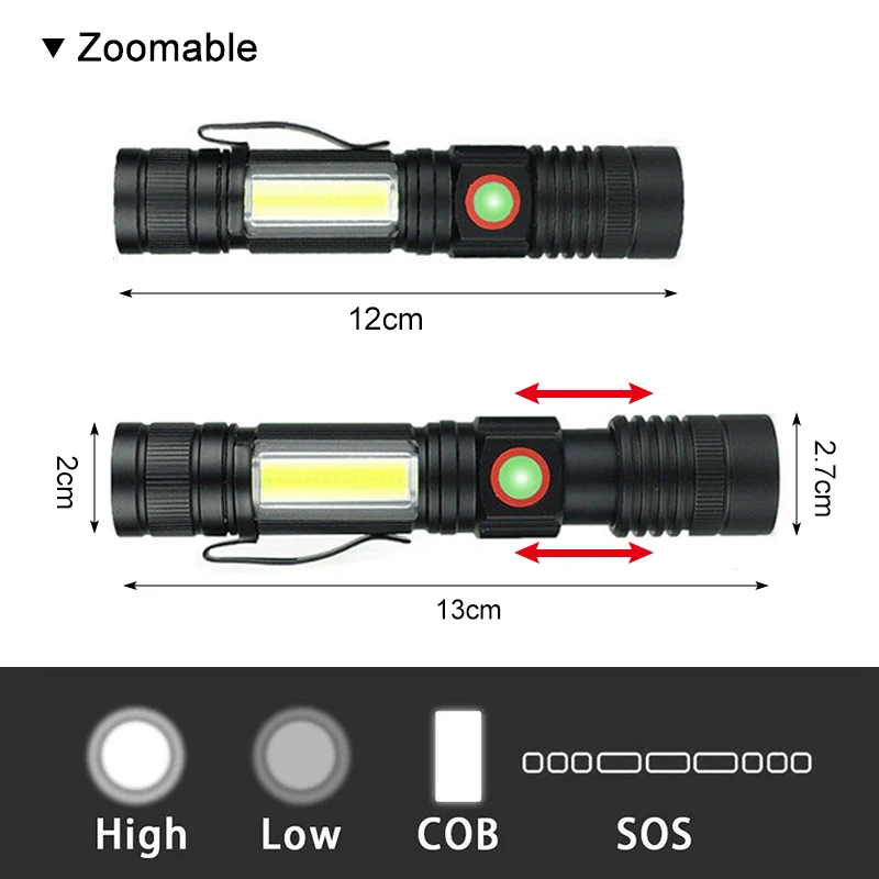 Imagem -02 - Led Modos Zoomable Lanterna Magnética com Bacalhau Luz Lateral Usb Recarga Trabalho Luz Tocha 18650 Bateria 10 Peças