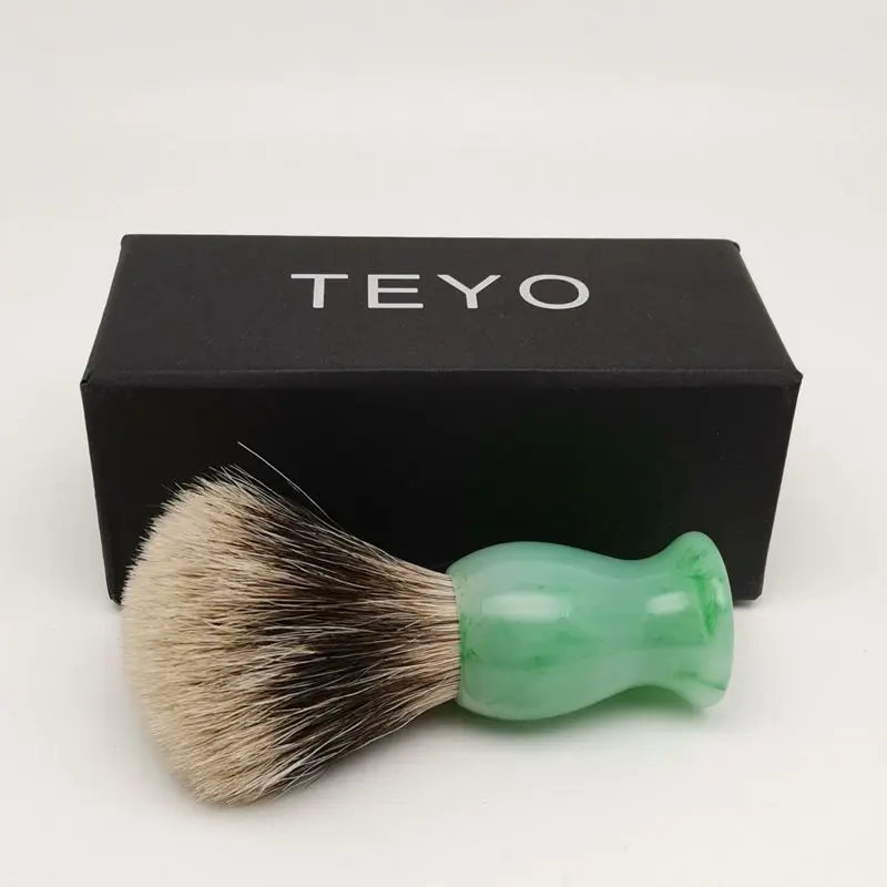 TEYO Two Band Silvertip Finest Badger Hair Shaving Brush With Emerald Green Pattern Resin Handle