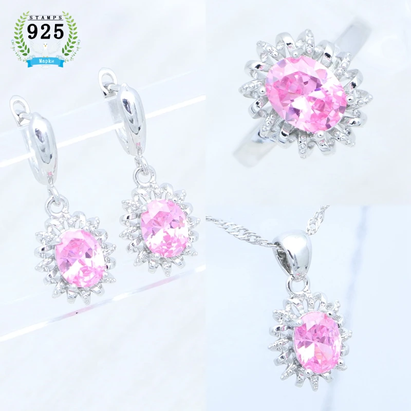 Egg Cubic Zirconia Pink Jewelry Kit 925 Sterling Silver Earrings Adjustable Ring Pendant Woman Engagement Gift Free Jewelry Box