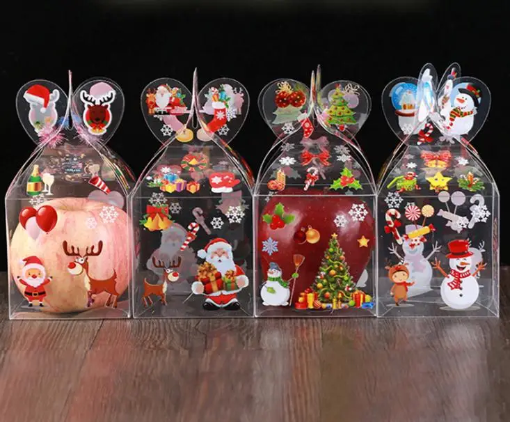 

500pcs Christmas Even Clear Gift Box Xmas Printed Snowman Elk Santa Xmas Tree Treats Sweets Candy Apple Boxes Favors Wrap SN2227