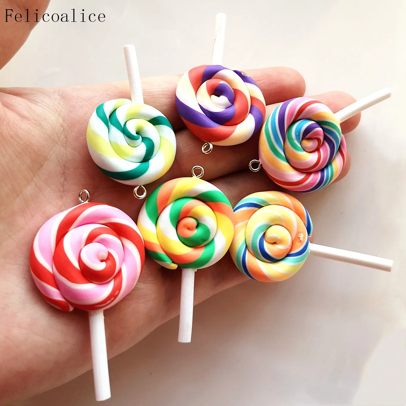 8 stücke Nette Spirale Regenbogen Polymer Clay Cabochon Schönheit Kawaii Lollipop Candy Charms Flatback Anhänger Für DIY Telefon Dekoration – Detail 1