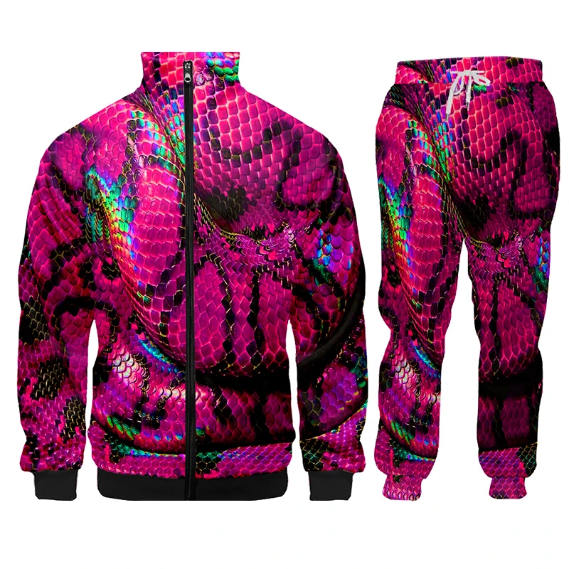 

Hoodie Sets Men Fashion Pink Snakeskin Goth Hip Hop Hoodies Pants Casual Jogger Suit Tracksuit Baseball Zipped Jacket Pullover