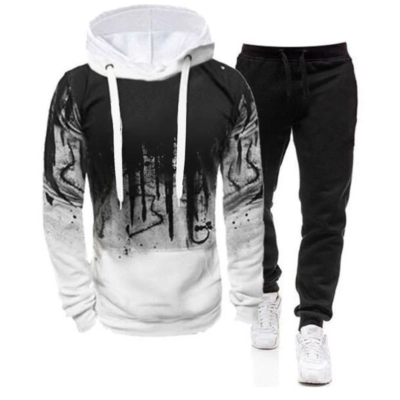 2Pcs Suit Spring Autumn Men\'s Sweatshirt Set Splash Ink Hoodies+Tracksuit Pants Casual Fitness Male Sportswear S-4XL Wholesale