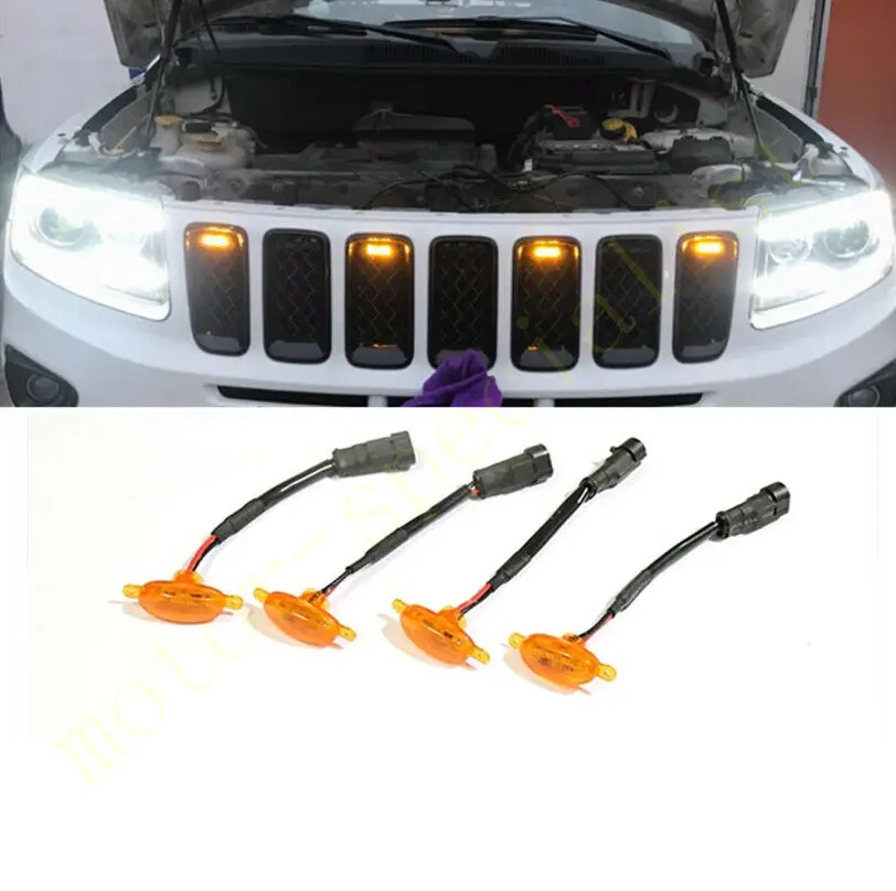 

LED Car Front Grille LED Amber Light Raptor Style Light Kit Decor W/ Wire Speed 4Pcs For Jeep Compass 2011-2021