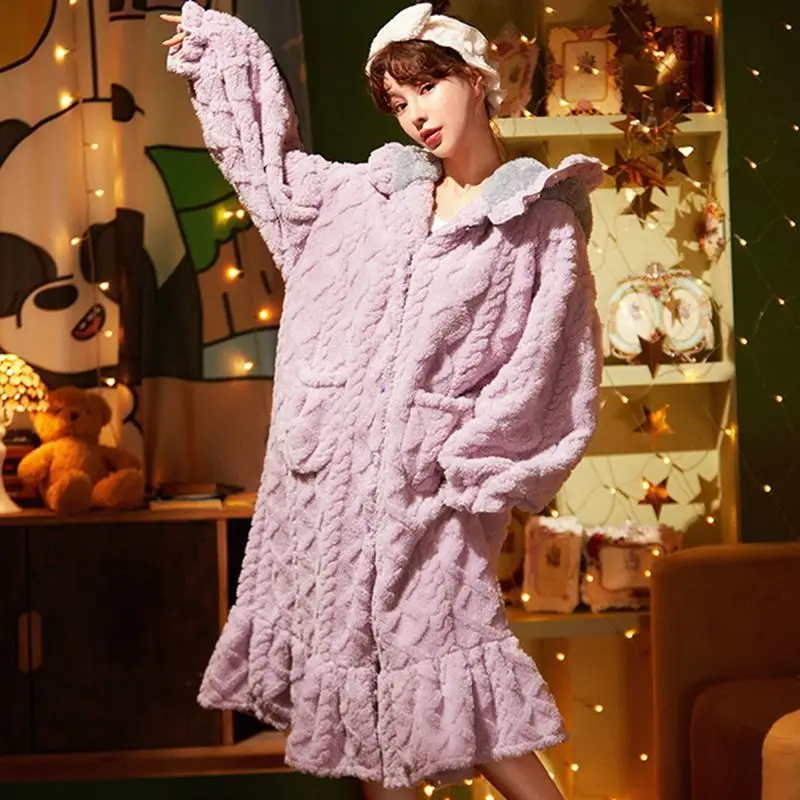 

Winter Nightgown Sleepwear Kimono Sexy Women Flannel Robe Warm Bathrobe Gown Coral Fleece Home Dress Hooded Casual Lingerie
