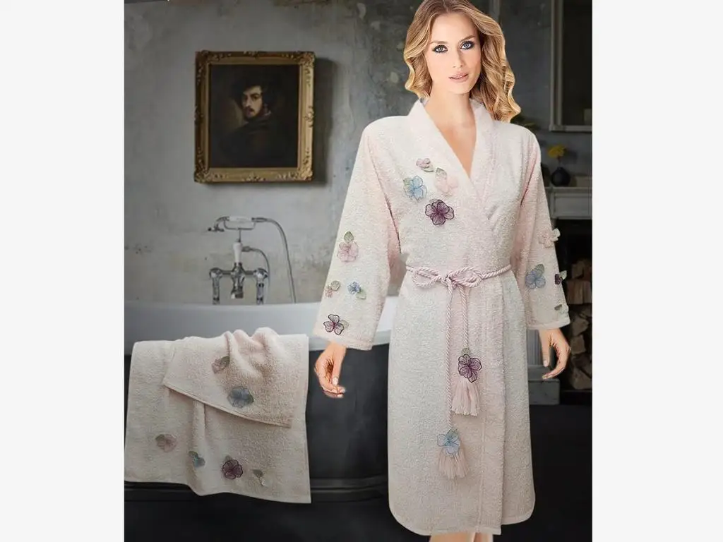 Cotton 3d Flowers 3 Piece Women 'S Robe Set Cream