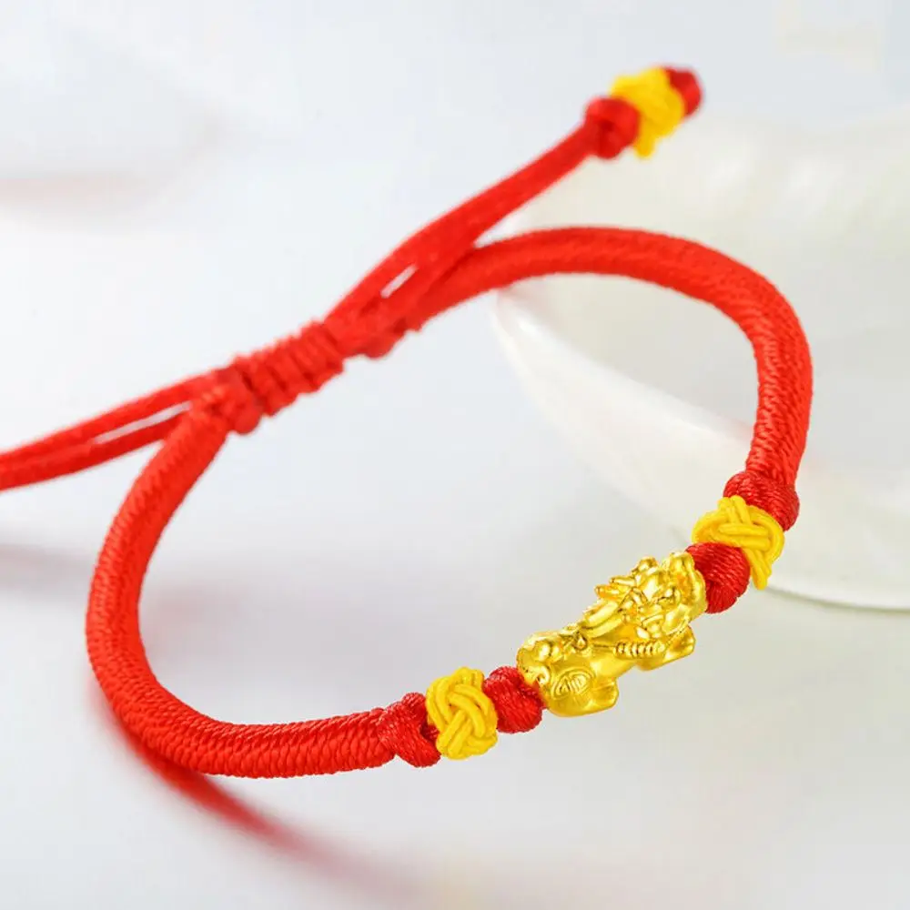 

Genuine 24K Yellow Gold Lovely Small Pixiu Red Cord Bracelet Length from 5" to 15"