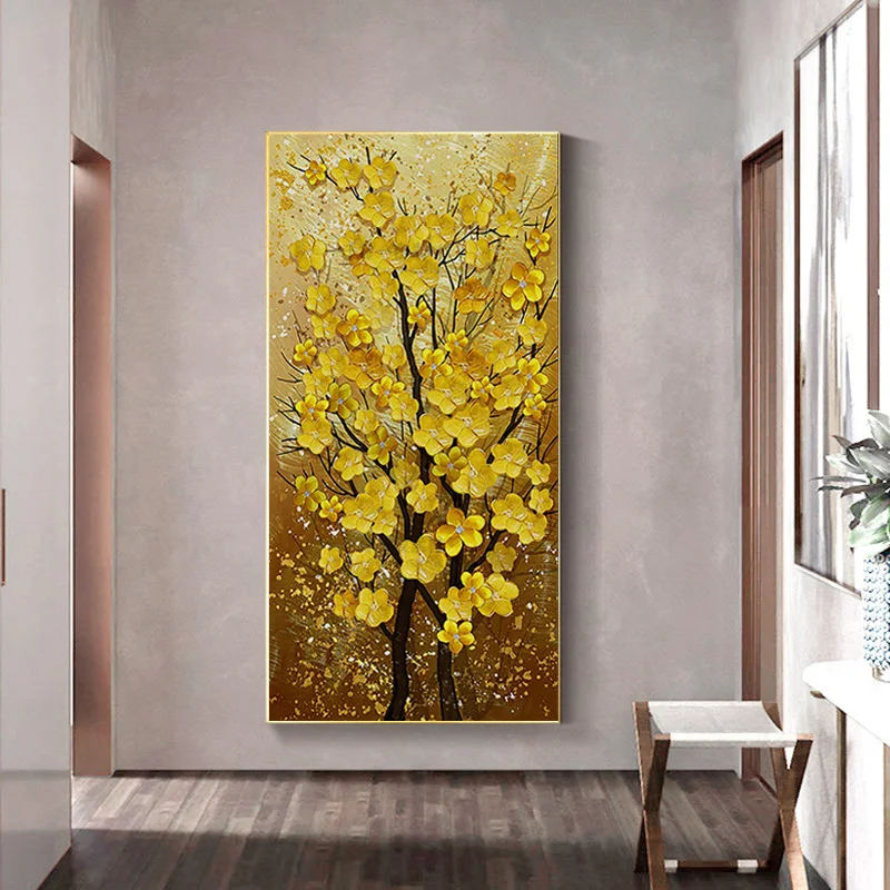 Abstract Money Tree Canvas Painting Golden Yellow Rich Tree Flower Plant Art Posters and Prints Wall Picture for Living Room