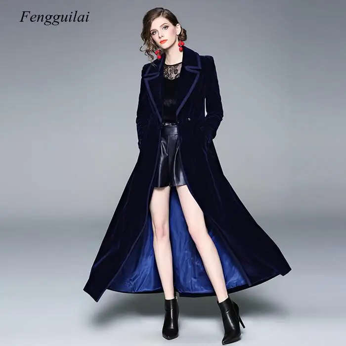 Winter Runway Designer Women Vintage Notched Collar Wrap Black Velvet Maxi Coat Thick Warm Long Trench Coat Outwear