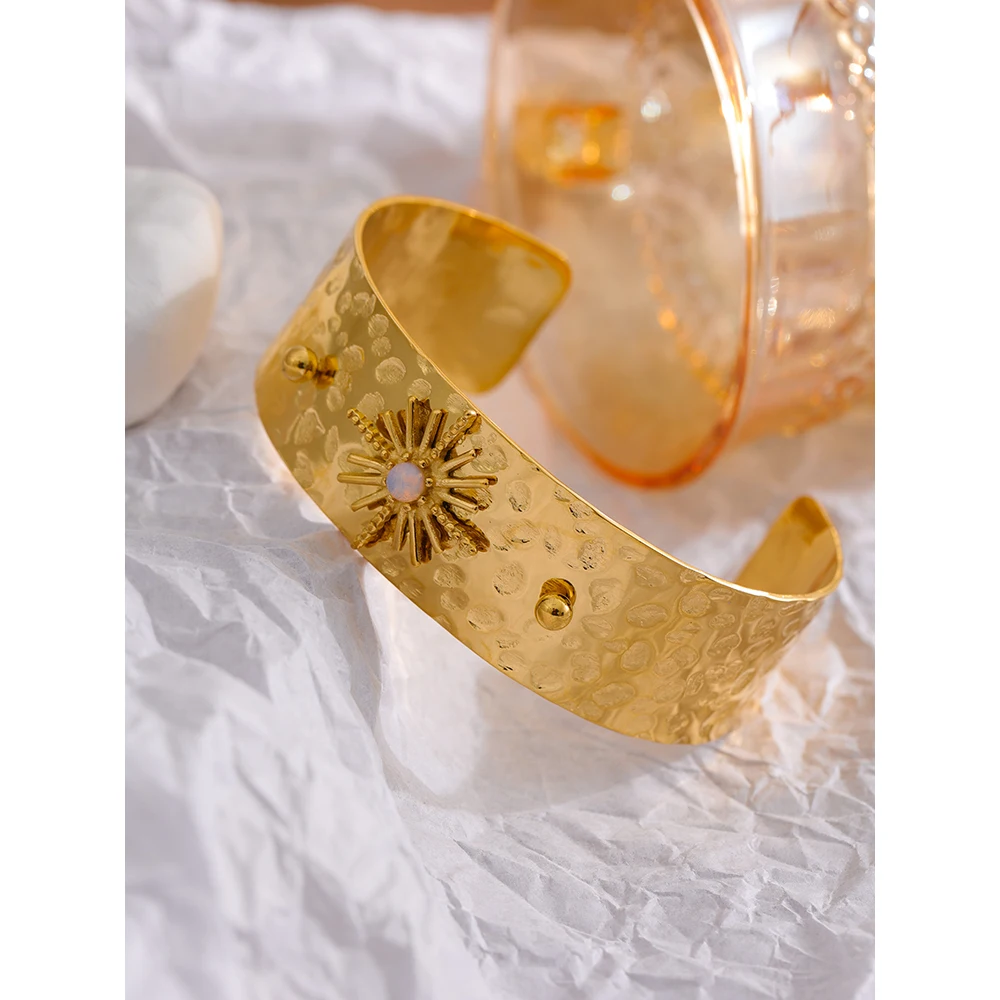 Yhpup Celestial Resin Cuff Bangle Bracelet Stainless Steel Gold Color Texture Fashion Chic Jewelry Gala Gift  Waterproof